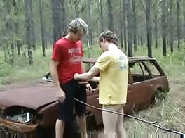 Twinks bareback in woods