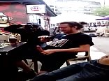Showing his hard cock in public