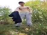 Horny boys porn wanks curved cock outdoors and cums